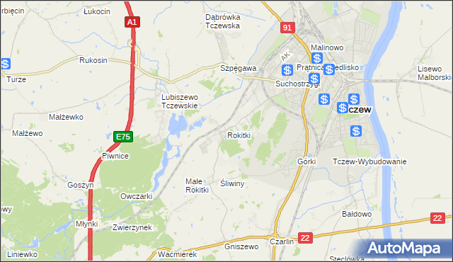 mapa Rokitki gmina Tczew, Rokitki gmina Tczew na mapie Targeo