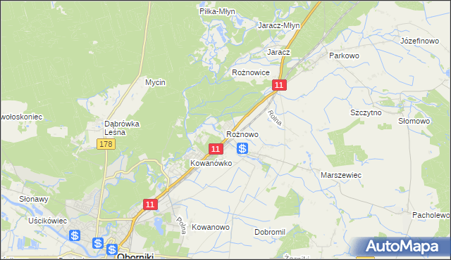 mapa Rożnowo gmina Oborniki, Rożnowo gmina Oborniki na mapie Targeo