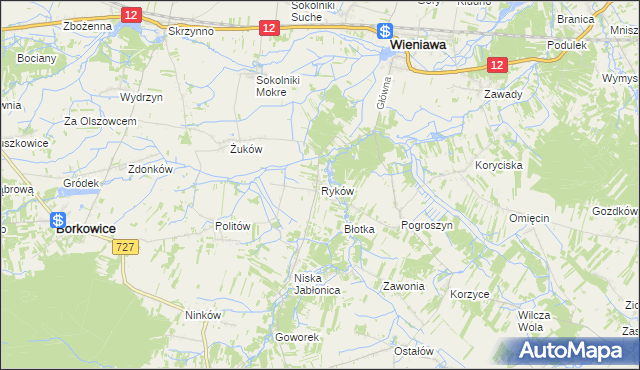 mapa Ryków gmina Wieniawa, Ryków gmina Wieniawa na mapie Targeo