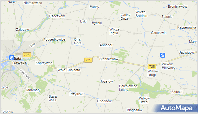 mapa Stanisławów gmina Biała Rawska, Stanisławów gmina Biała Rawska na mapie Targeo