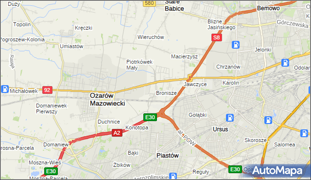 mapa Bronisze gmina Ożarów Mazowiecki, Bronisze gmina Ożarów Mazowiecki na mapie Targeo