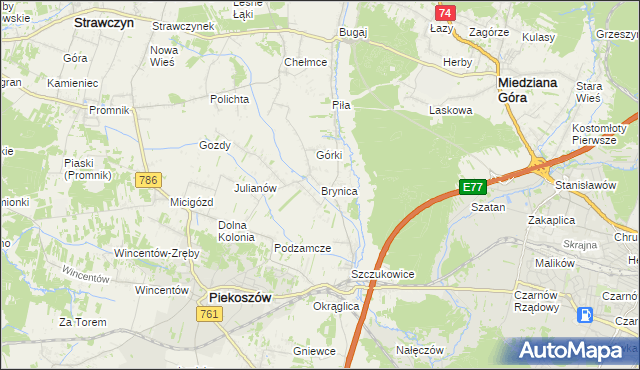 mapa Brynica gmina Piekoszów, Brynica gmina Piekoszów na mapie Targeo