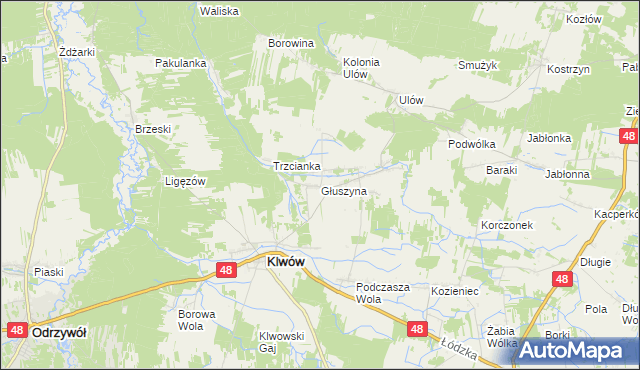 mapa Głuszyna gmina Klwów, Głuszyna gmina Klwów na mapie Targeo