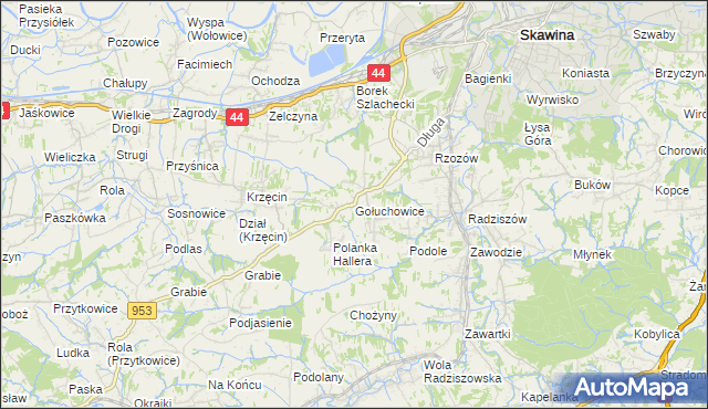 mapa Gołuchowice gmina Skawina, Gołuchowice gmina Skawina na mapie Targeo