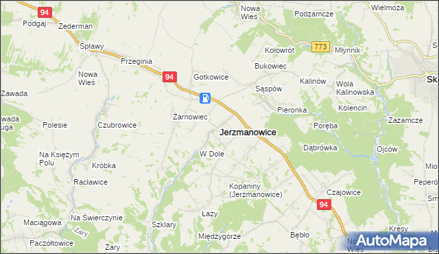 mapa Jerzmanowice gmina Jerzmanowice-Przeginia, Jerzmanowice gmina Jerzmanowice-Przeginia na mapie Targeo