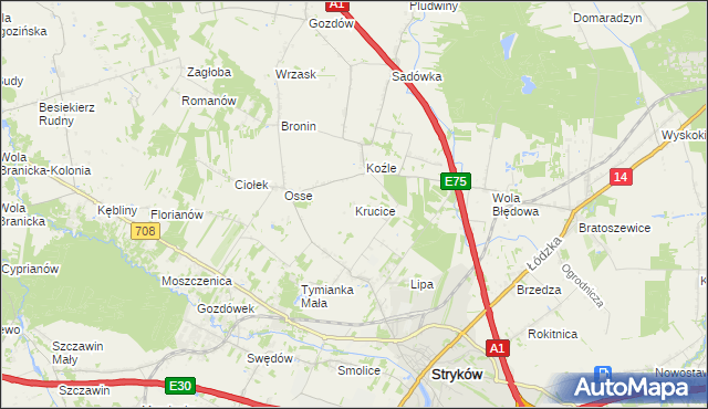 mapa Krucice gmina Stryków, Krucice gmina Stryków na mapie Targeo