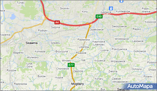 mapa Libertów gmina Mogilany, Libertów gmina Mogilany na mapie Targeo