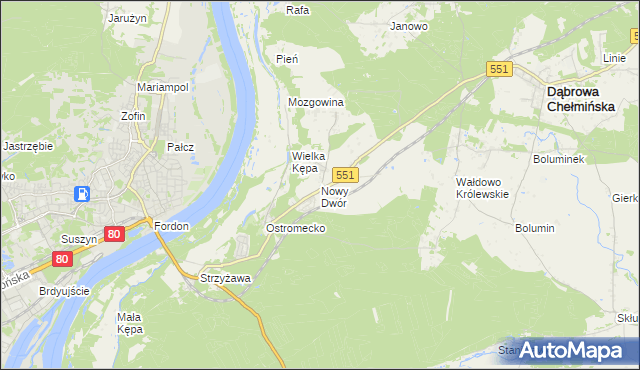 mapa Nowy Dwór gmina Dąbrowa Chełmińska, Nowy Dwór gmina Dąbrowa Chełmińska na mapie Targeo