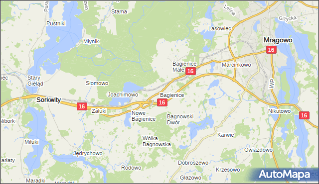 mapa Bagienice gmina Mrągowo, Bagienice gmina Mrągowo na mapie Targeo