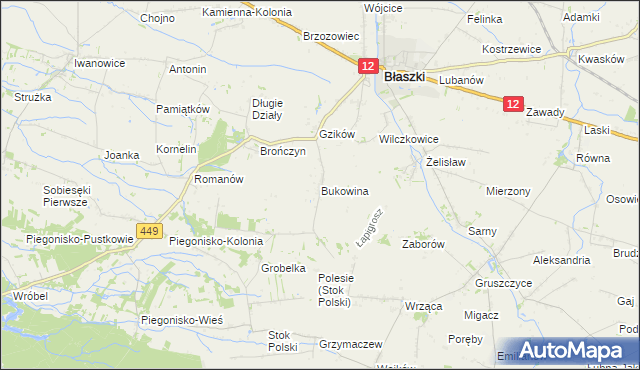 mapa Bukowina gmina Błaszki, Bukowina gmina Błaszki na mapie Targeo