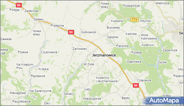 mapa Jerzmanowice gmina Jerzmanowice-Przeginia, Jerzmanowice gmina Jerzmanowice-Przeginia na mapie Targeo