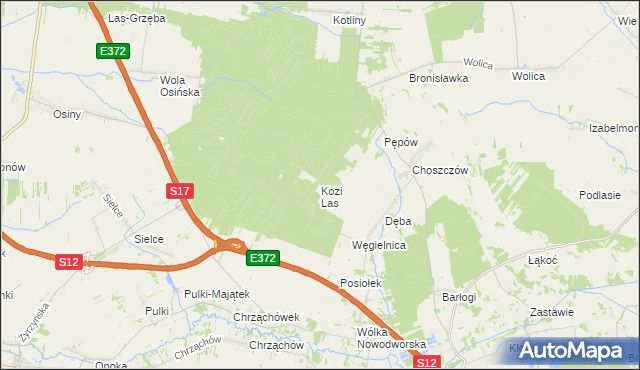 mapa Kozi Las gmina Kurów, Kozi Las gmina Kurów na mapie Targeo