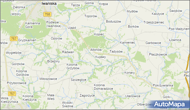 mapa Kujawy gmina Iwaniska, Kujawy gmina Iwaniska na mapie Targeo