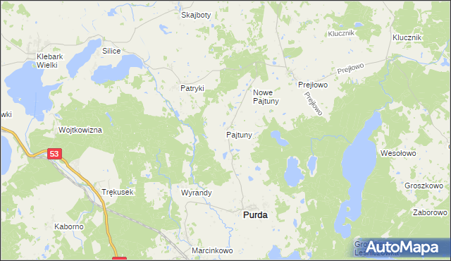 mapa Pajtuny gmina Purda, Pajtuny gmina Purda na mapie Targeo