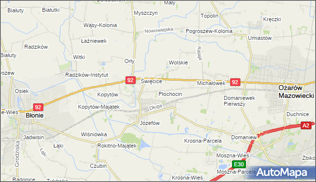 mapa Płochocin gmina Ożarów Mazowiecki, Płochocin gmina Ożarów Mazowiecki na mapie Targeo