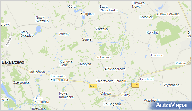 mapa Sokołowo gmina Bakałarzewo, Sokołowo gmina Bakałarzewo na mapie Targeo