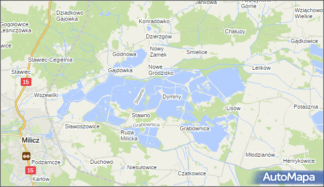 mapa Dyminy gmina Milicz, Dyminy gmina Milicz na mapie Targeo