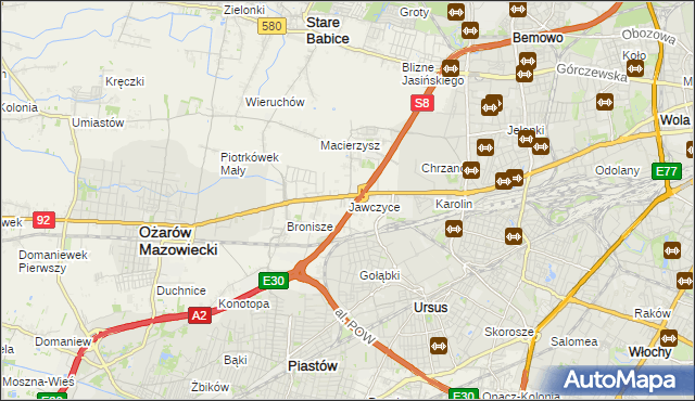mapa Jawczyce gmina Ożarów Mazowiecki, Jawczyce gmina Ożarów Mazowiecki na mapie Targeo