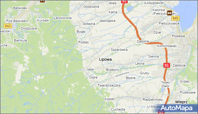 mapa Lipowa powiat żywiecki, Lipowa powiat żywiecki na mapie Targeo