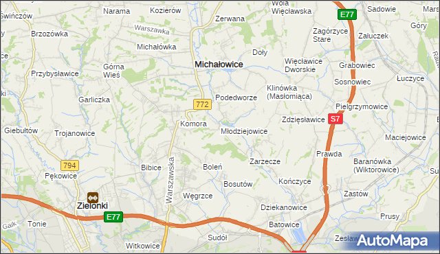 mapa Młodziejowice gmina Michałowice, Młodziejowice gmina Michałowice na mapie Targeo