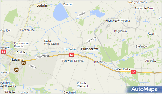 mapa Puchaczów powiat łęczyński, Puchaczów powiat łęczyński na mapie Targeo