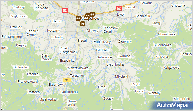 mapa Sułkowice gmina Andrychów, Sułkowice gmina Andrychów na mapie Targeo