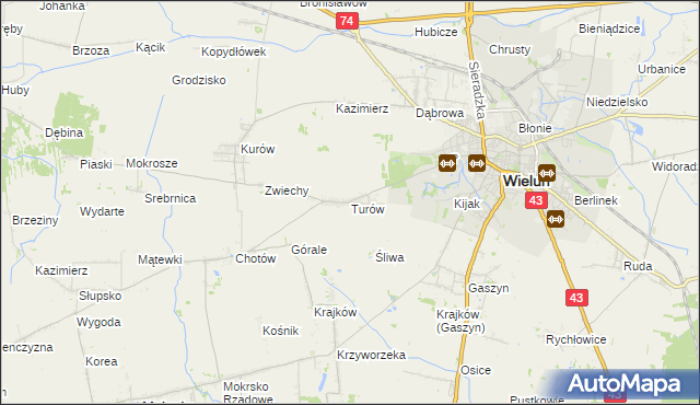 mapa Turów gmina Wieluń, Turów gmina Wieluń na mapie Targeo