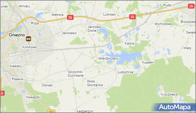 mapa Wierzbiczany gmina Gniezno, Wierzbiczany gmina Gniezno na mapie Targeo