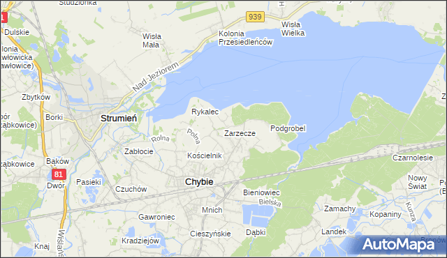 mapa Zarzecze gmina Chybie, Zarzecze gmina Chybie na mapie Targeo