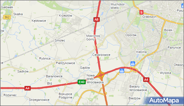 mapa Cesarzowice gmina Kąty Wrocławskie, Cesarzowice gmina Kąty Wrocławskie na mapie Targeo