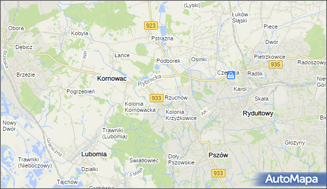 mapa Rzuchów gmina Kornowac, Rzuchów gmina Kornowac na mapie Targeo