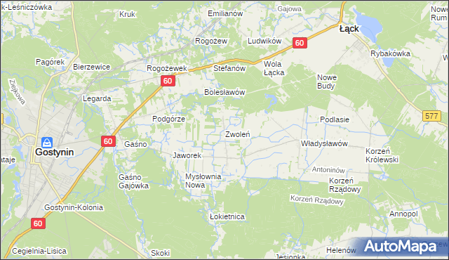 mapa Zwoleń gmina Gostynin, Zwoleń gmina Gostynin na mapie Targeo