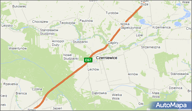 mapa Czerniewice powiat tomaszowski, Czerniewice powiat tomaszowski na mapie Targeo