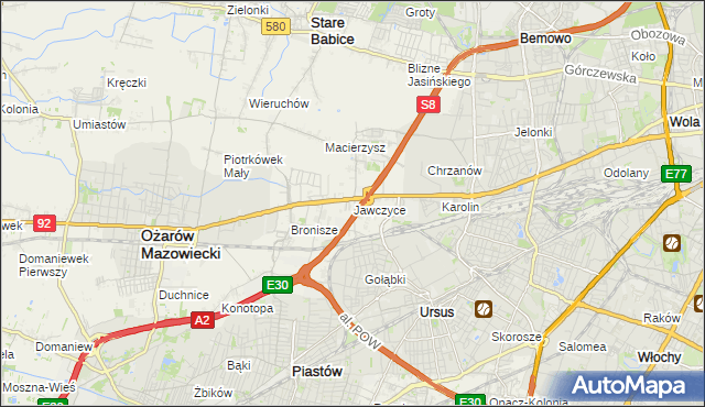 mapa Jawczyce gmina Ożarów Mazowiecki, Jawczyce gmina Ożarów Mazowiecki na mapie Targeo