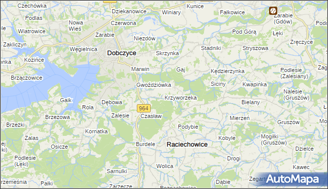 mapa Krzyworzeka gmina Raciechowice, Krzyworzeka gmina Raciechowice na mapie Targeo