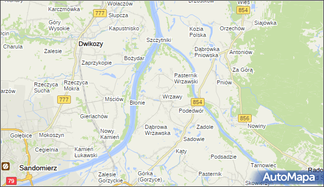 mapa Wrzawy gmina Gorzyce, Wrzawy gmina Gorzyce na mapie Targeo