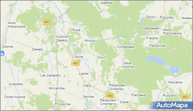 mapa Goryń gmina Widawa, Goryń gmina Widawa na mapie Targeo