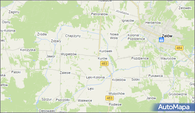 mapa Kurów gmina Zelów, Kurów gmina Zelów na mapie Targeo