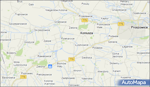 mapa Łyszkowice gmina Koniusza, Łyszkowice gmina Koniusza na mapie Targeo