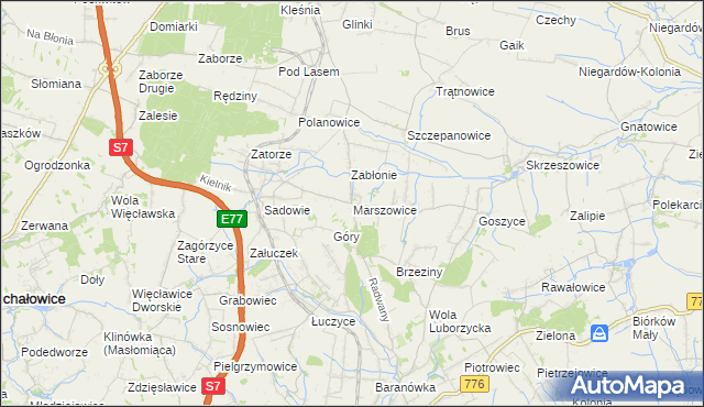 mapa Marszowice gmina Kocmyrzów-Luborzyca, Marszowice gmina Kocmyrzów-Luborzyca na mapie Targeo