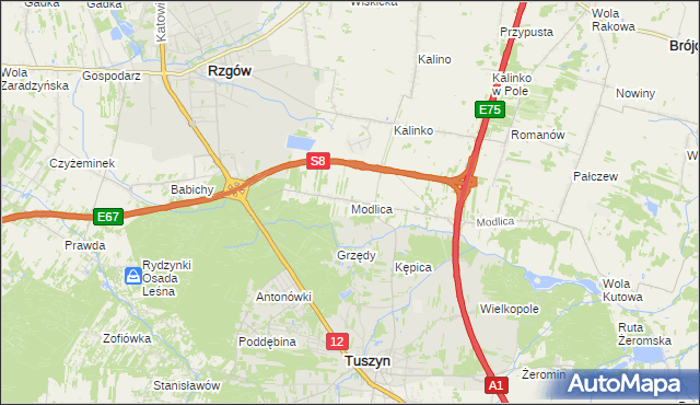 mapa Modlica gmina Tuszyn, Modlica gmina Tuszyn na mapie Targeo