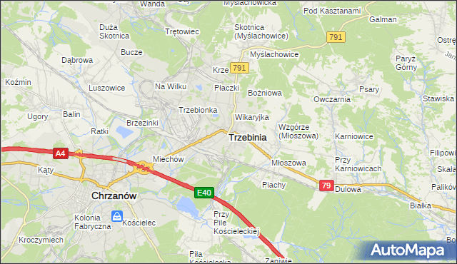 mapa Trzebinia powiat chrzanowski, Trzebinia powiat chrzanowski na mapie Targeo