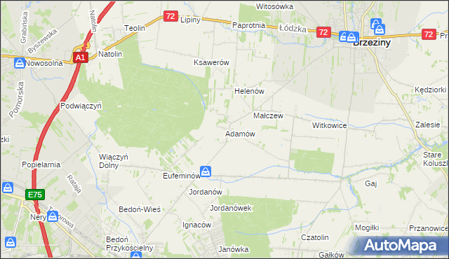 mapa Adamów gmina Brzeziny, Adamów gmina Brzeziny na mapie Targeo