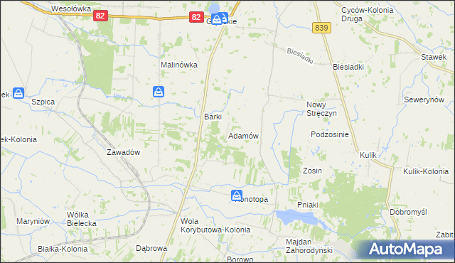 mapa Adamów gmina Cyców, Adamów gmina Cyców na mapie Targeo