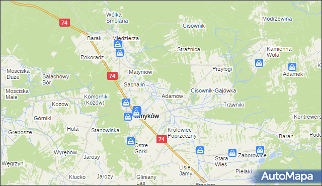 mapa Adamów gmina Smyków, Adamów gmina Smyków na mapie Targeo