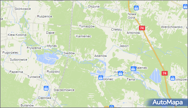 mapa Adamów gmina Żarnów, Adamów gmina Żarnów na mapie Targeo