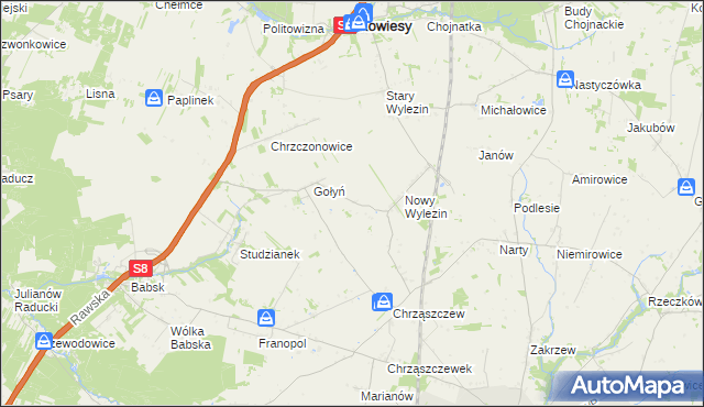 mapa Antoninów gmina Biała Rawska, Antoninów gmina Biała Rawska na mapie Targeo