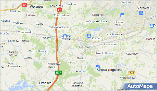 mapa Augustów gmina Kowala, Augustów gmina Kowala na mapie Targeo