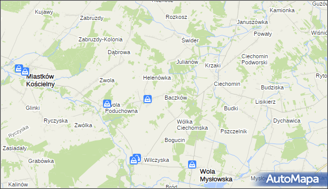 mapa Baczków gmina Wola Mysłowska, Baczków gmina Wola Mysłowska na mapie Targeo