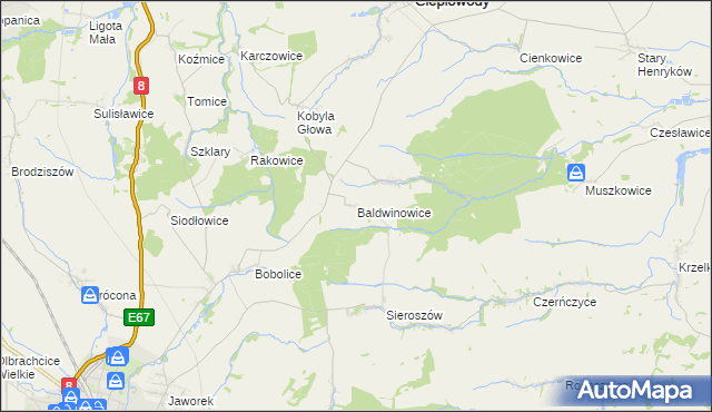 mapa Baldwinowice gmina Ciepłowody, Baldwinowice gmina Ciepłowody na mapie Targeo